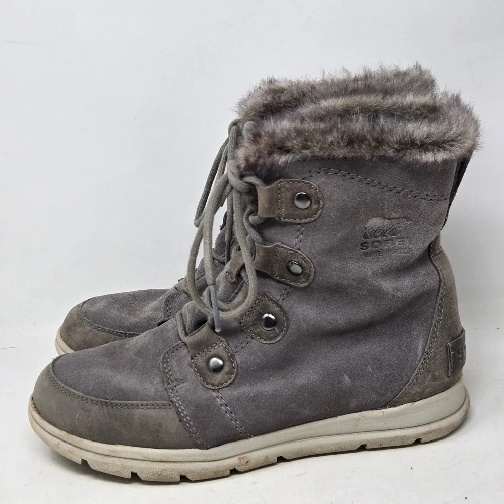 Sorel Explorer Joan Waterproof Winter Boots‎ Grey Suede Faux Fur NL3039-052 Sz 9